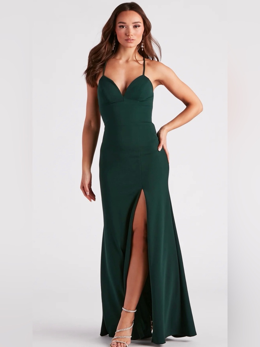 Windsor Forest Green Strapless Slit Evening Gown